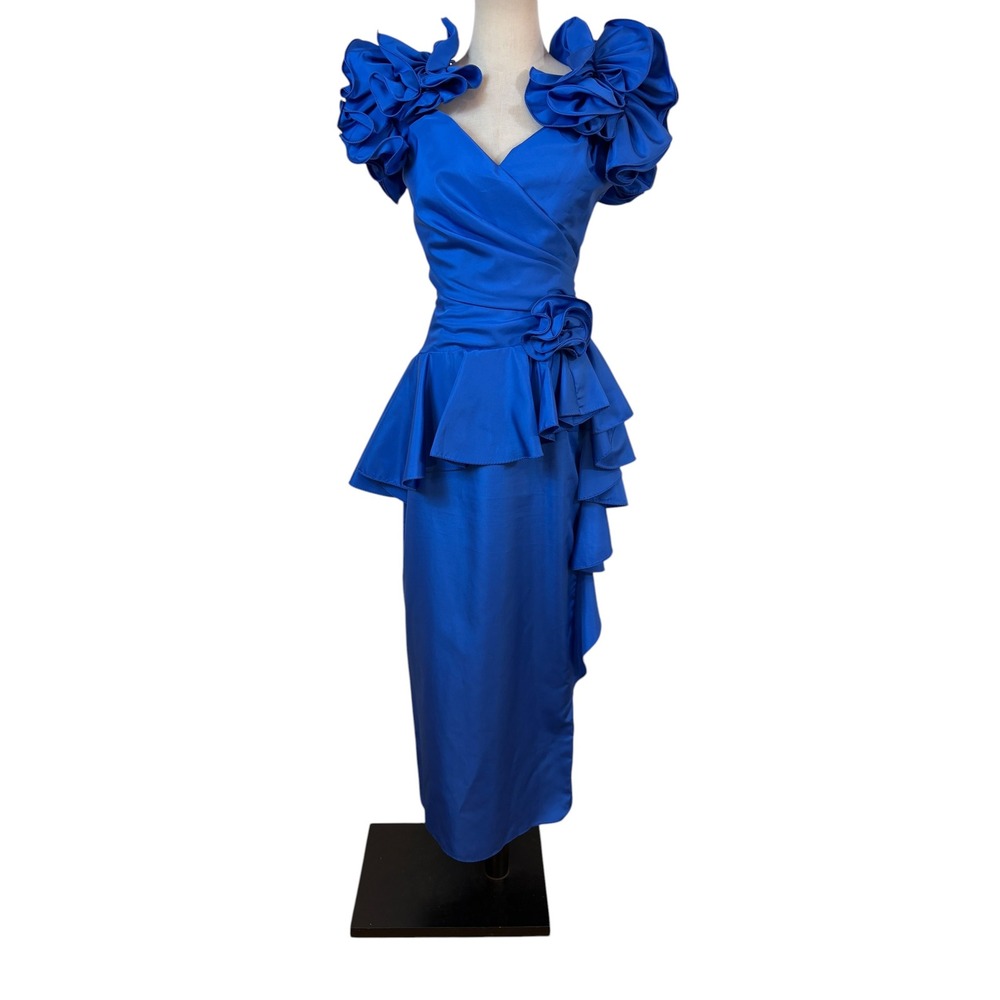 Vtg 80s Cocktail Dress Womens 6 Blue Ruffle Peplum Gown Wedding guest party Glam